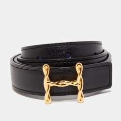 Pre Owned Hermes Bleu Encre/Black Epsom and Swift Leather Reversible Mors H Buckle Belt 75 CM