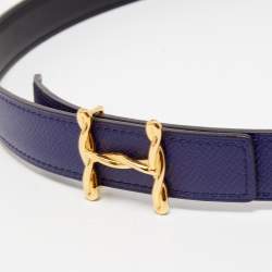 Pre Owned Hermes Bleu Encre/Black Epsom and Swift Leather Reversible Mors H Buckle Belt 75 CM