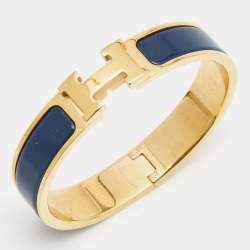 Pre Owned Hermes Clic H Ultramarine Enamel Gold Plated Narrow Bracelet