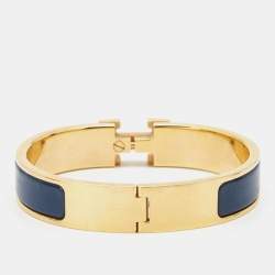 Pre Owned Hermes Clic H Ultramarine Enamel Gold Plated Narrow Bracelet