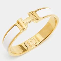 Pre Owned Hermes Clic H White Enamel Gold Plated Narrow Bracelet