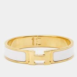 Pre Owned Hermes Clic H White Enamel Gold Plated Narrow Bracelet