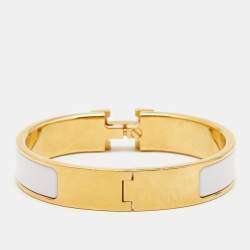 Pre Owned Hermes Clic H White Enamel Gold Plated Narrow Bracelet