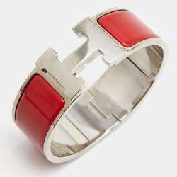Hermès Clic Clac H Red Enamel Palladium Plated Wide Bracelet