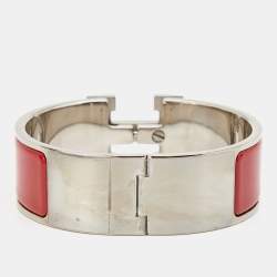 Hermès Clic Clac H Red Enamel Palladium Plated Wide Bracelet