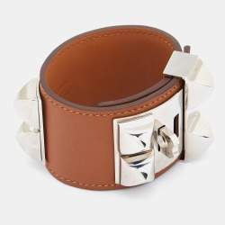 Hermès Collier de Chien Brown Leather Palladium Plated Wide Bracelet S