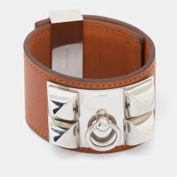 Hermès Collier de Chien Brown Leather Palladium Plated Wide Bracelet S