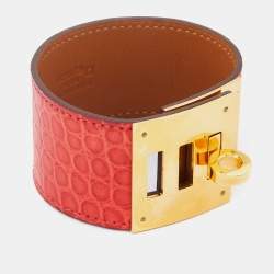 Pre Owned Hermes Red Crocodile Leather Gold Plated Kelly Dog Bracelet