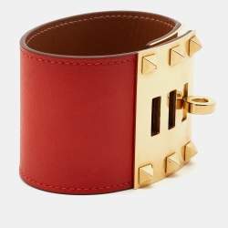 Pre Owned Hermes Kelly Dog Red Leather Gold Plated Wide Bracelet