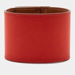 Pre Owned Hermes Kelly Dog Red Leather Gold Plated Wide Bracelet
