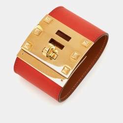 Pre Owned Hermes Kelly Dog Red Leather Gold Plated Wide Bracelet