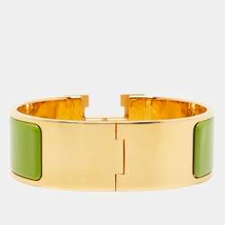 Hermes Clic Clac H Green Enamel Gold Plated Wide Bracelet