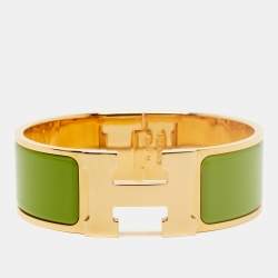 Hermes Clic Clac H Green Enamel Gold Plated Wide Bracelet