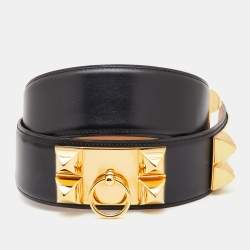 Hermes Black Box Leather Gold Plated Collier de Chien Belt Size 70