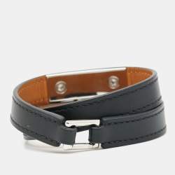 Pre Owned Hermes  Rivale Leather Palladium Plated Double Tour Bracelet S
