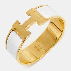 Pre Owned Hermes Clic Clac H White Enamel Gold Plated Wide Bracelet