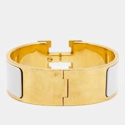Pre Owned Hermes Clic Clac H White Enamel Gold Plated Wide Bracelet