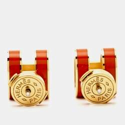 Pre Owned Hermes Pop H Orange Enamel Gold Tone Earrings