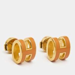 Hermes Pop H Orange Enamel Gold Plated Earrings