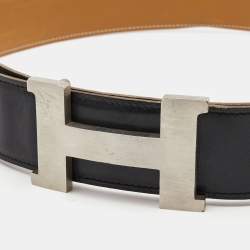 Hermes Black/Gold Box Calf and Swift Leather H Buckle Reversible Belt 90CM