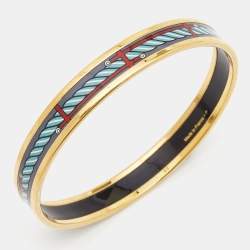 Hermes Quadrige Enamel Gold Plated Narrow Bangle Bracelet