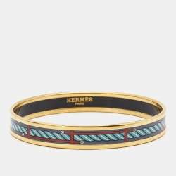 Hermes Quadrige Enamel Gold Plated Narrow Bangle Bracelet