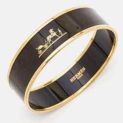 Hermes Calèche Enamel Gold Plated Wide Bangle Bracelet