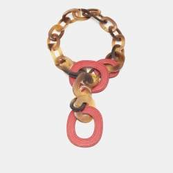 Pre Owned Hermes Brown Horn and Red Leather Collar Necklace 