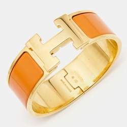 Pre Owned Hermes Clic Clac H Enamel Gold Plated Wide Bracelet