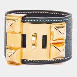 Pre Owned Hermes Collier de Chien Leather Gold Plated Cuff Bracelet