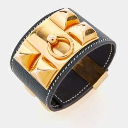 Pre Owned Hermes Collier de Chien Leather Gold Plated Cuff Bracelet
