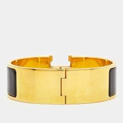 Hermes Clic Clac H Black Enamel Gold Plated Wide Bracelet