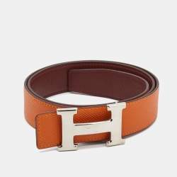 Pre Owned Hermes Orange/Rouge H Epsom Leather H Buckle Reversible Belt 85CM