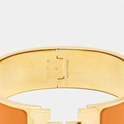 Pre Owned Hermès Clic Clac H Orange Enamel Gold Plated Wide Bracelet 