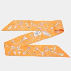 Hermès Orange Les Cles a Pois Printed Silk Twilly