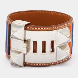Hermes Brown Striped Leather Palladium Plated Collier De Chien Bracelet