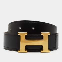 Hermes Black/Gold Box And Togo Leather Constance Reversible Belt 80 CM