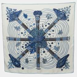 Hermès White & Blue Chemins de Corail Printed Silk Square Scarf