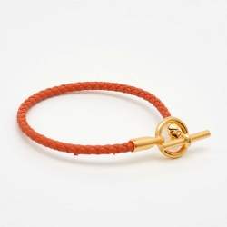 Hermes Glenan Braided Orange Leather Gold Plated Toggle Bracelet