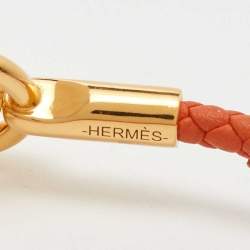 Hermes Glenan Braided Orange Leather Gold Plated Toggle Bracelet