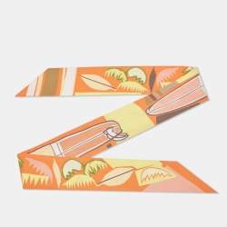 Pre Owned Hermes Orange Sea Surf Printed Silk Twilly