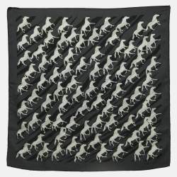 Pre Owned Hermès Black & Grey Horse Printed Cashmere & Silk Square Scarf