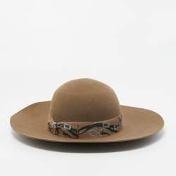 Pre Owned Hermès Etoupe Rabbit Felt Brides de Gala Band Detail Francoise Hat (57)