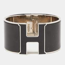 Hermes Clic Clac H Black Enamel Palladium Plated Extra Wide Bracelet 