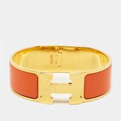 Hermès Clic Clac H Orange Enamel Gold Plated Wide Bracelet 