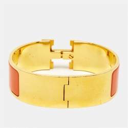 Hermès Clic Clac H Orange Enamel Gold Plated Wide Bracelet 