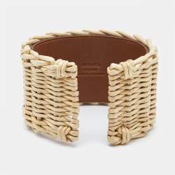 Pre Owned Hermès Medor Picnic Raffia Leather Palladium Plated Cuff Bracelet S