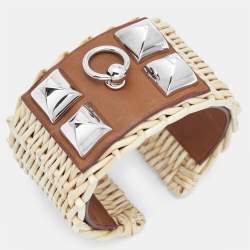 Pre Owned Hermès Medor Picnic Raffia Leather Palladium Plated Cuff Bracelet S