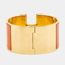 Hermes Clic Clac H Orange Enamel Gold Plated Extra Wide Bracelet