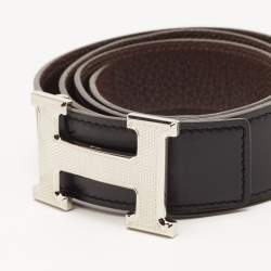 Hermes Black/Ebene Box and Togo Leather Guilloche H Buckle Reversible Belt 85CM